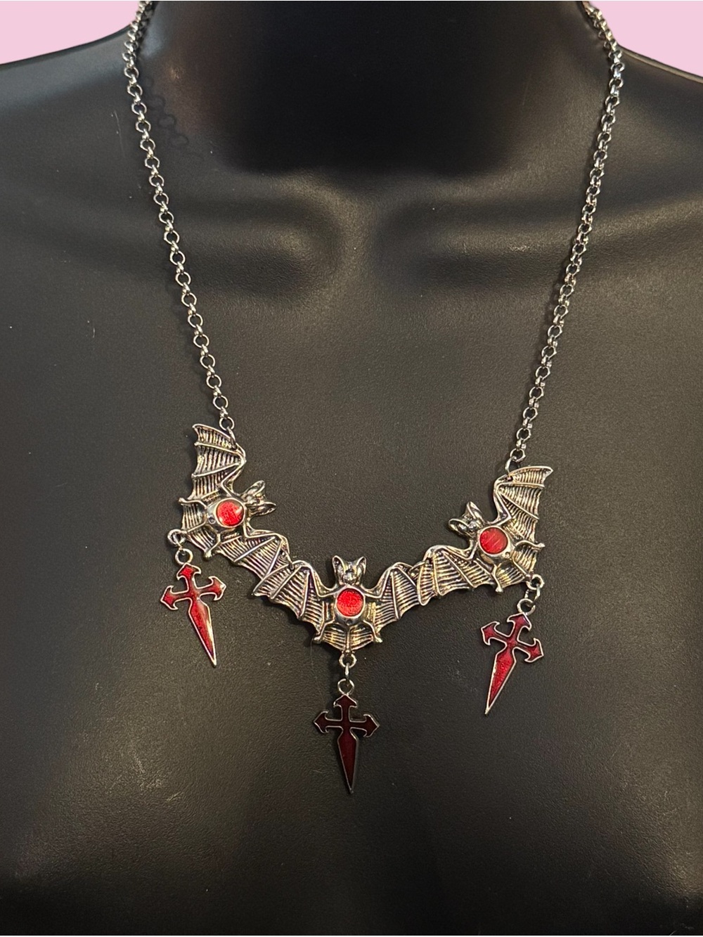 Silver tone gothic vampire bats necklace